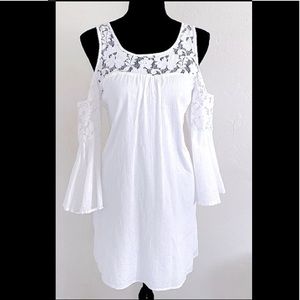 Gorgeous White Cold Shoulder Lacy Floral Summer Linen Dress